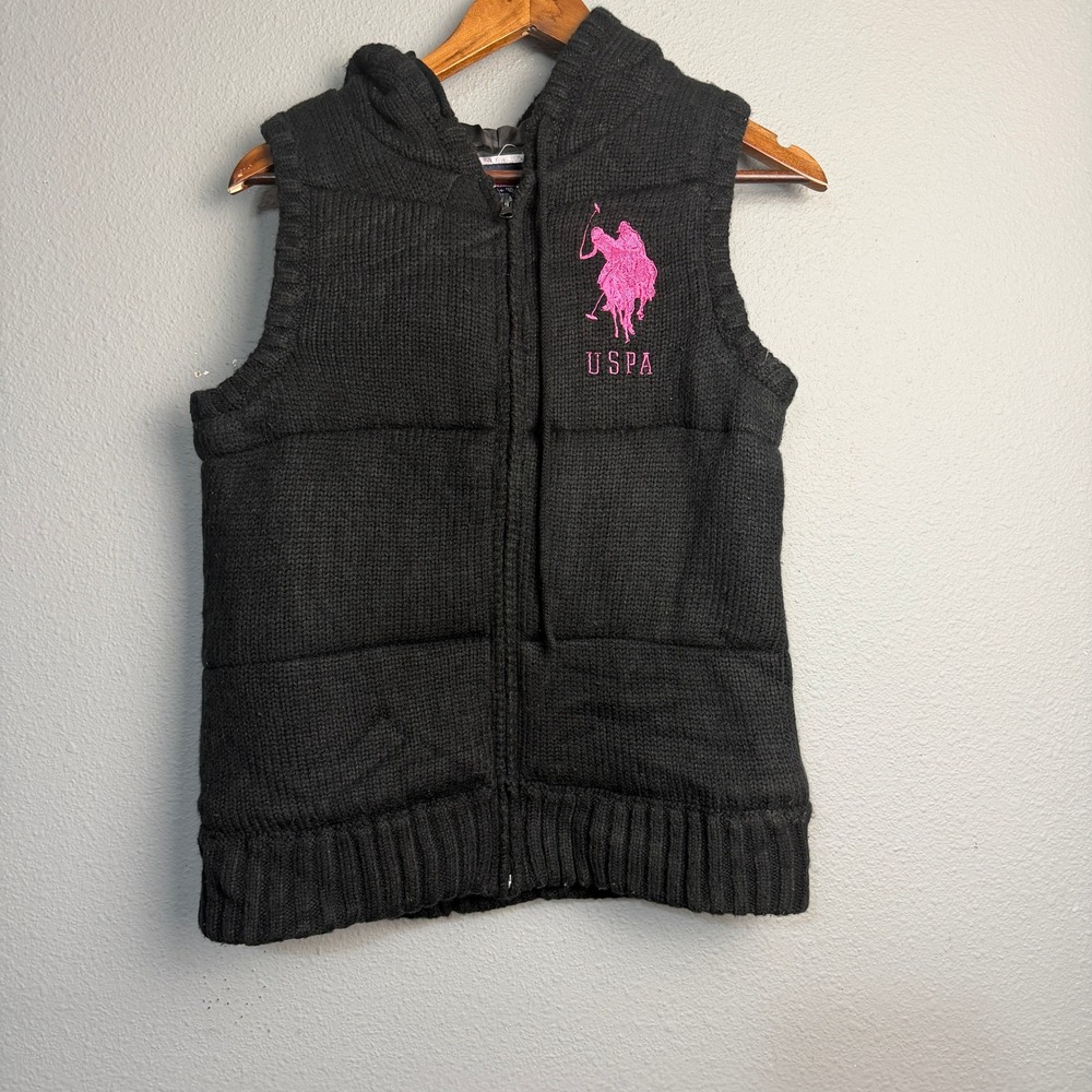 U.S. Polo Assn. Black Knit Puffer Vest Academia Preppy Hooded Pink Logo Size L